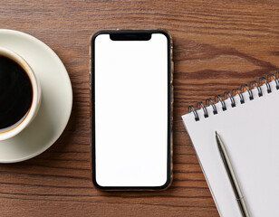 A smartphone on a wooden surface with a blank screen