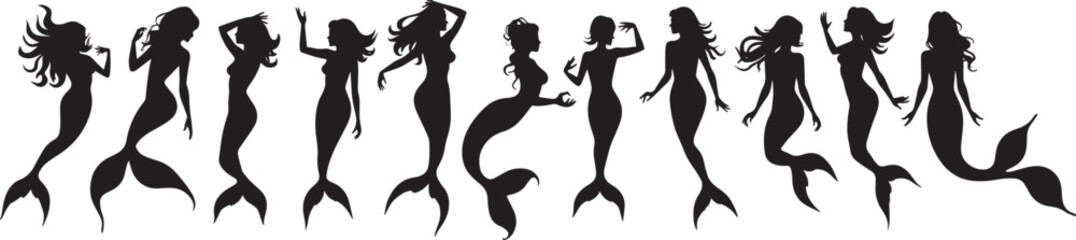 Mermaid silhouette icon vector hand drawn realistic sketch of singing. illustration on a white background. Printable sticker. set of silhouettes.