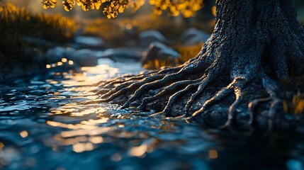 Tree roots exposed by shallow stream at sunset.