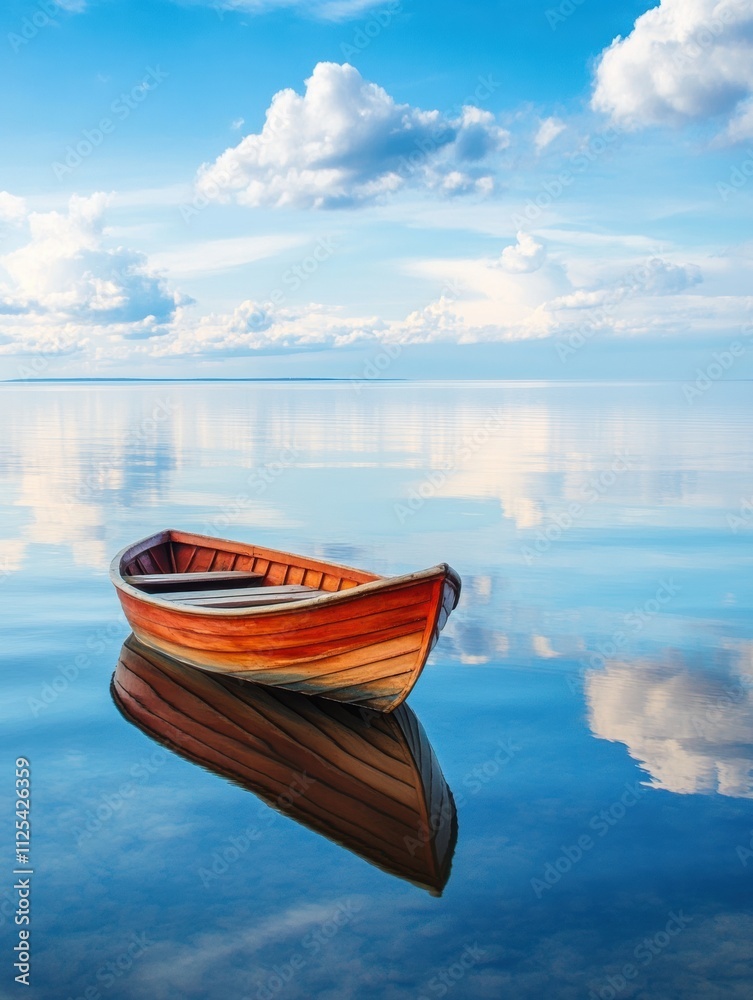 Poster a wooden boat rests on tranquil water, reflecting the serene sky and clouds above. perfect setting f