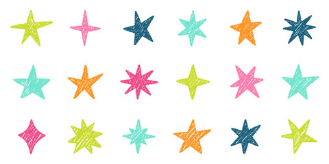 Chalk pencil stars and sparkles doodle set. Crayon Twinkle, blink, firework, glitter silhouette and glowing symbols in sketch style, Hand drawn vector illustration isolated on white background