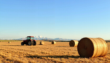 Fototapeta premium Golden fields stretch under a clear blue sky as a tractor rolls among hay bales in a tranquil rural setting