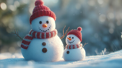 Fototapeta premium Adorable Snowmen in Winter Wonderland Festive Holiday Scene