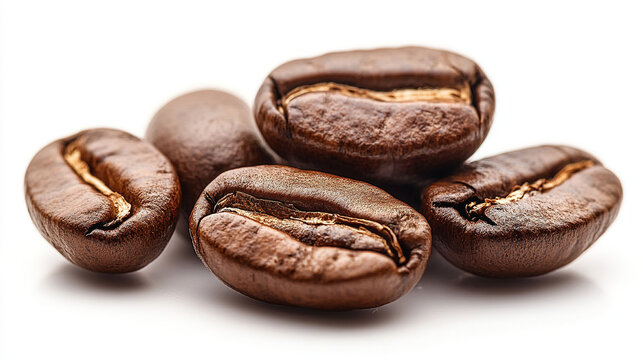 Aromatic coffee beans roasted to perfection, close-up view on white
