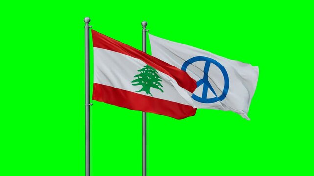 Lebanon and Peace Sign flags flying together, video concept of the relationship with colored chroma key for easy background remove, peace movement concept