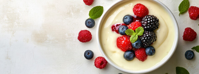 A creamy bowl of vanilla yogurt topped with fresh raspberries, blueberries, blackberries, and mint leaves, showcasing vibrant colors and refreshing textures.