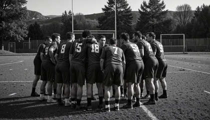 Team huddles in unity before a challenging soccer match at a training facility in autumn