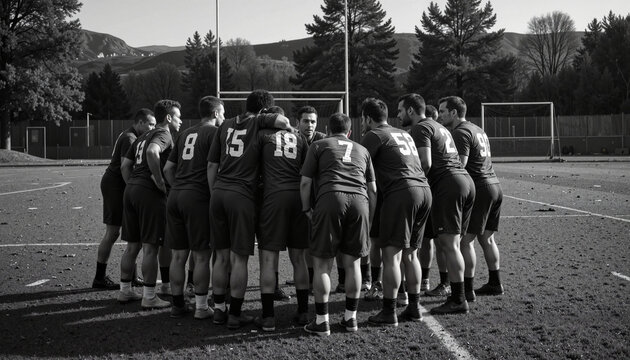 Team huddles in unity before a challenging soccer match at a training facility in autumn