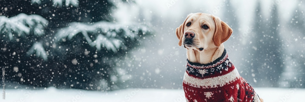 Poster A charming dog wearing a festive sweater sits in front of a serene snowy backdrop, creating a cozy winter atmosphere. Generative AI
