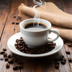 A steaming cup of freshly brewed coffee sits on a saucer surrounded by coffee beans. The aromatic scene is set on a rustic wooden table, evoking a sense of warmth and comfort.