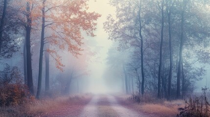 Fototapeta premium Misty autumn forest path. (1)