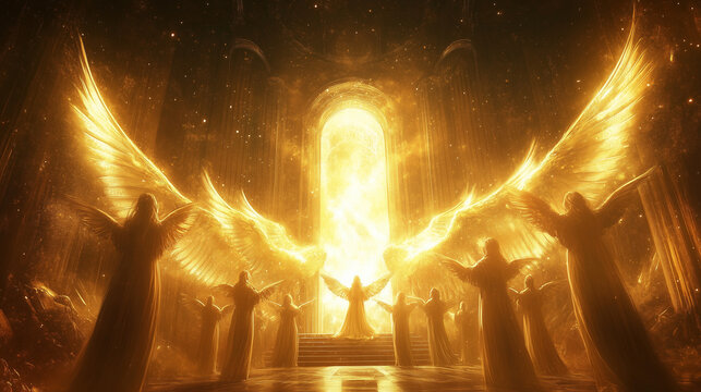 A choir of angels singing in harmony, their wings shimmering and golden halos glowing in a magnificent celestial hall