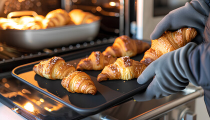 person is removing a tray of golden-brown croissants from an oven, wearing a protective oven mitt