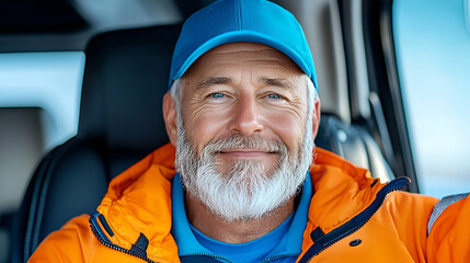 A smiling man with a gray beard wears an orange jacket and blue cap, seated in a vehicle, exuding a friendly and adventurous vibe.