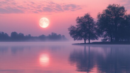 Pink sunrise, full moon over misty lake.