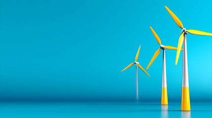 Three yellow wind turbines stand against a bright blue background, symbolizing renewable energy and modern technology.
