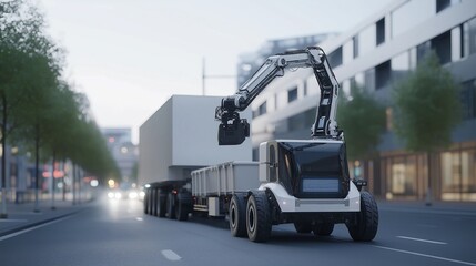 A high-tech waste collection truck with an articulated arm, parked on a city street with modern buildings in the background