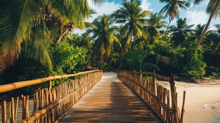 Scenic Wooden Bridge Through Lush Tropical Paradise Pathway
