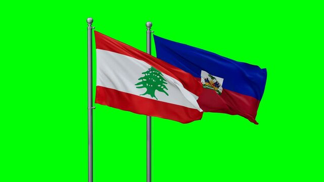 Haiti and Lebanon flags flying together, video concept of the relationship with colored chroma key for easy background remove