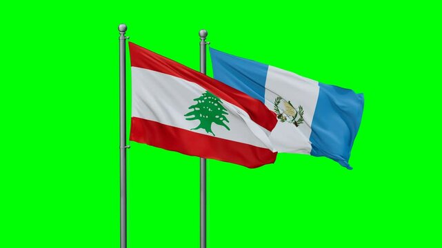 Guatemala and Lebanon flags flying together, video concept of the relationship with colored chroma key for easy background remove