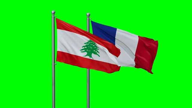 France and Lebanon flags waving together, video concept of the relationship with colored chroma key for easy background remove