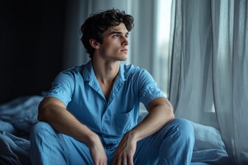 A young man with short dark hair sits on a bed, gazing thoughtfully out of a window, dressed in light blue loungewear