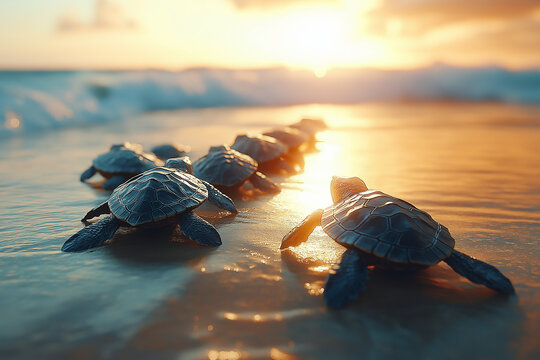 Schildkr&ouml;tenwanderung bei Sonnenuntergang am Strand

