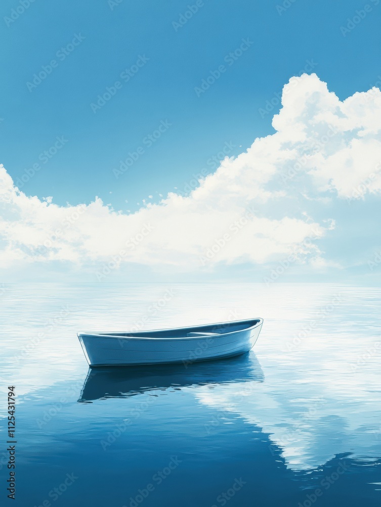 Poster a small boat rests gently on calm water under a vast blue sky, surrounded by soft, fluffy clouds and