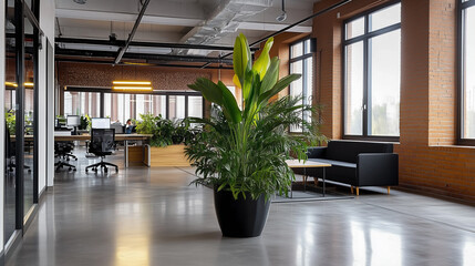 Fototapeta premium Modern Industrial Office Space Design | Contemporary Open Plan Workspace with Natural Elements | Professional Interior Design with Exposed Brick and Glass Partitions | Urban Loft Style Commercial Offi