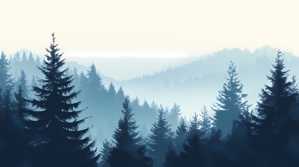 Seasonal background with snow covered trees in a pale fog. serene winter woodland banner. Frosted. Illustration