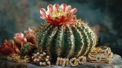 Fototapeta premium Beautiful cactus arrangement with elegant jewelry and vibrant flowers