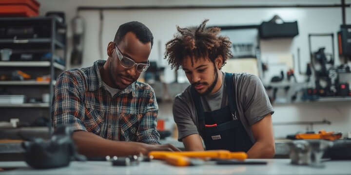 An experienced plumber teaches a young apprentice in a workshop, focusing on tools and techniques