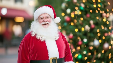 Santa Claus is smiling and wearing a red suit