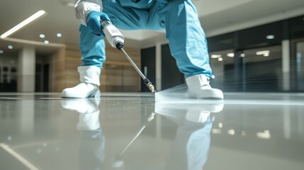 Obraz premium A pest control worker in protective gear sprays a chemical solution onto a shiny floor surface
