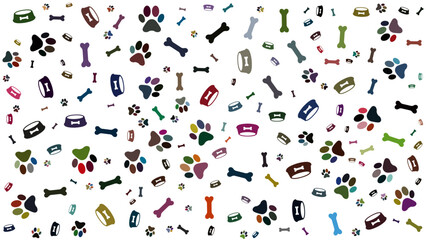 Seamless dog pattern with paw prints, bones, hearts and balls. Cat foot texture. Pattern with doggy pawprint and bones. Dog texture. Hand drawn vector illustration in doodle style on white background.