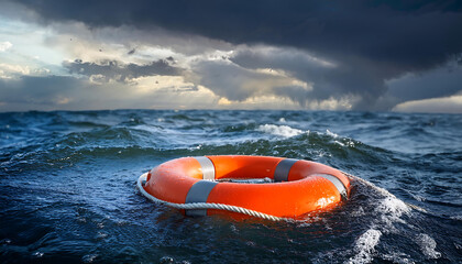 Obraz premium Orange life buoy floating on rough ocean waves under stormy cloudy sky