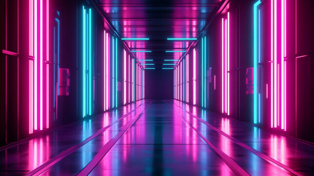 Futuristic Neon Corridor  Pink Blue Lights  Cyberpunk Glow  Reflective Floor  Sci Fi Tunne