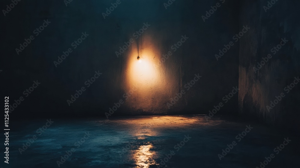 Aufkleber a solitary light bulb hangs in a dark, abandoned room, casting a warm glow on the damp floor, emphas