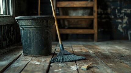 Fototapeta premium Rustic Cleaning Tools with Bucket and Broom in Dimly Lit Room