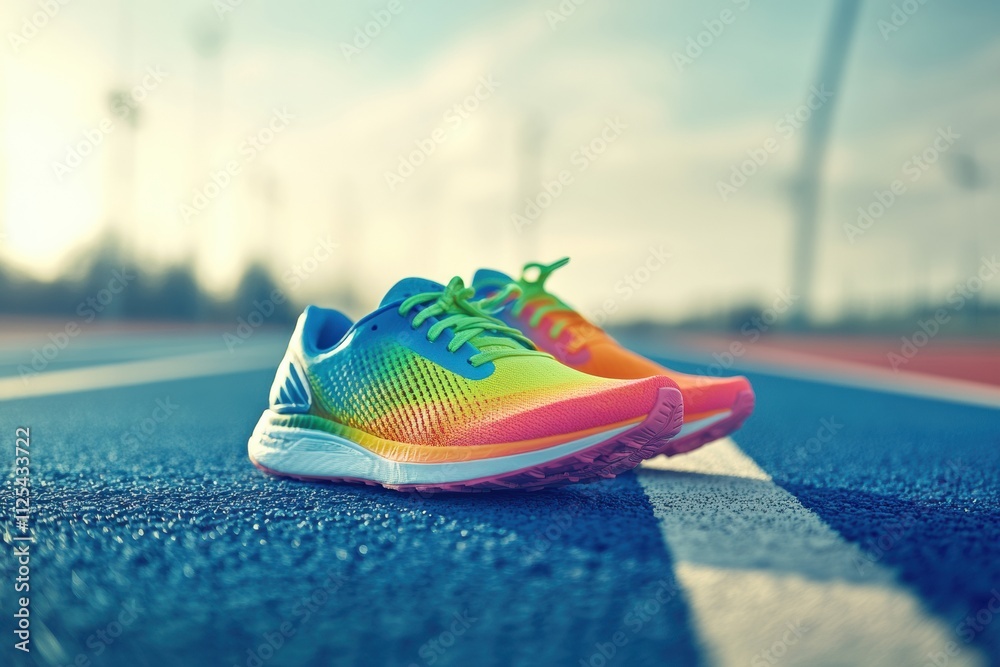 Aufkleber a pair of colorful running shoes rests on a bright track under a clear sky, inviting runners to enjo