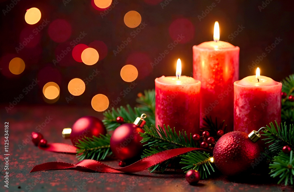 Canvas Prints candles and christmas ornaments on red bokeh background. copy space on the left.