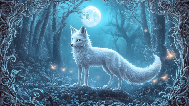 White fox standing in a mystical forest under a full moon  