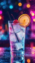 A photo of a Tom Collins cocktail with a slice of lemon and a maraschino charry on a modern stone bar table and background in a high class city lounge. Vertical layout.
