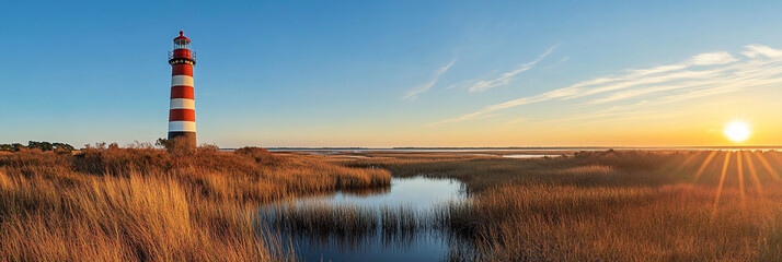 A lighthouse stands on the right in an open field, surrounded by tall grass and marshland