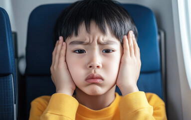 Young Asian child on an airplane holding both hands to his ears with a pained expression, illustrating discomfort from air pressure changes during flight.