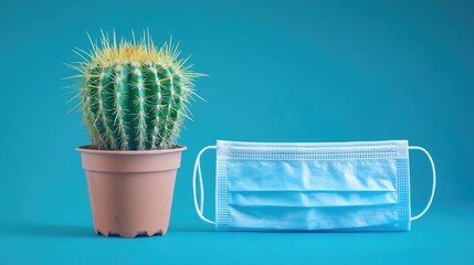 Cactus Plant and Surgical Mask on a Bright Blue Background