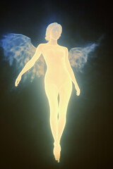 Obraz premium Glowing angelic figure with wings floats above sleeping person.
