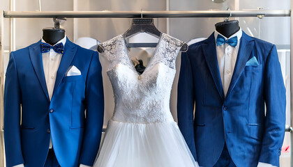 wedding dress and blue male suit on hangers in the wedding store
