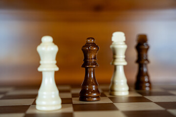 Kings and queens on the board of the chess game.