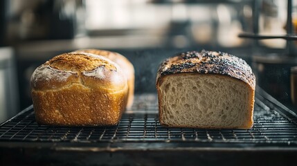 A loaf of bread with a golden crust displayed beside a burnt loaf highlighting contrasting baking outcomes in a kitchen setting